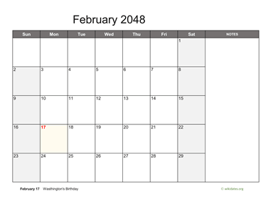 February 2048 Calendar with Notes