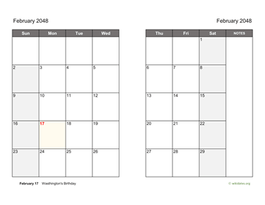 February 2048 Calendar on two pages