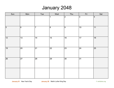 January 2048 Calendar with Weekend Shaded