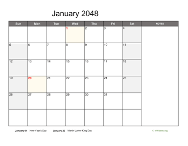 January 2048 Calendar with Notes