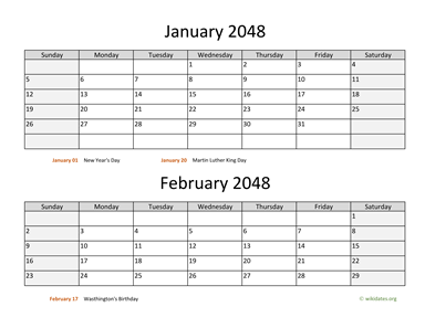 January and February 2048 Calendar Horizontal