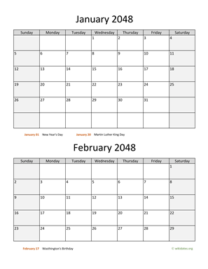 January and February 2048 Calendar Vertical