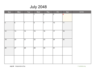 July 2048 Calendar with Notes