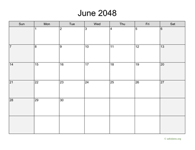 June 2048 Calendar with Weekend Shaded