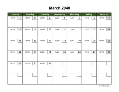 March 2048 Calendar with Day Numbers
