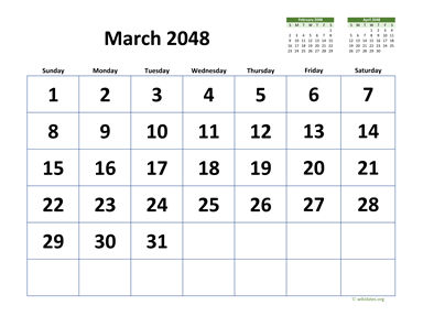 March 2048 Calendar with Extra-large Dates