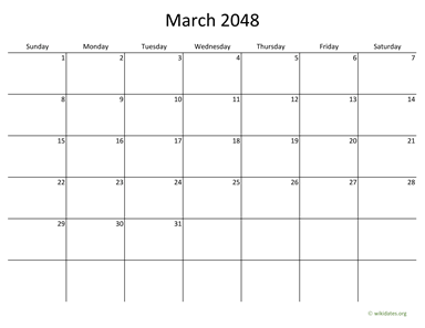 March 2048 Calendar with Bigger boxes