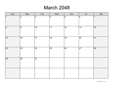 March 2048 Calendar with Weekend Shaded