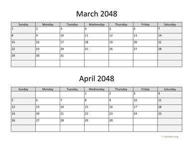 March and April 2048 Calendar Horizontal