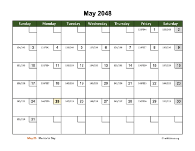 May 2048 Calendar with Day Numbers