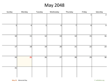 May 2048 Calendar with Bigger boxes