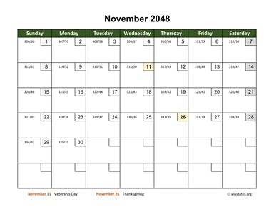 November 2048 Calendar with Day Numbers
