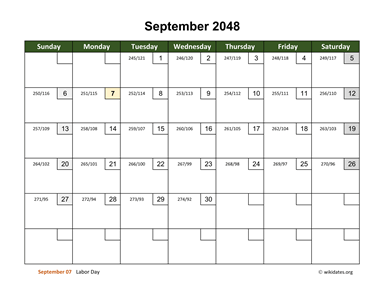 September 2048 Calendar with Day Numbers