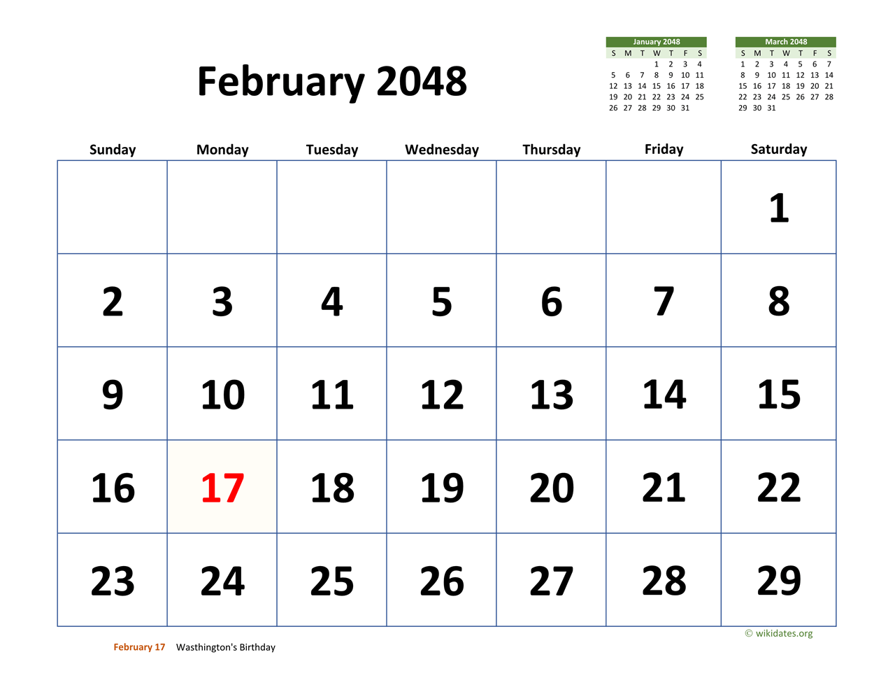 February 2048 Calendar With Extra large Dates WikiDates