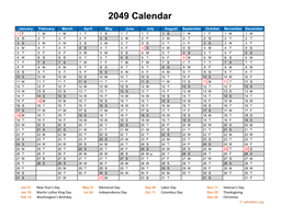 2049 Calendar Horizontal, One Page