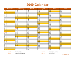 2049 Calendar on 2 Pages, Landscape Orientation