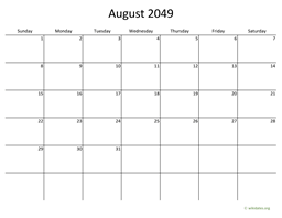 August 2049 Calendar with Bigger boxes