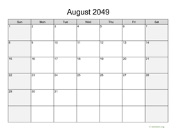 August 2049 Calendar with Weekend Shaded