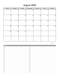 August 2049 Calendar with To-Do List