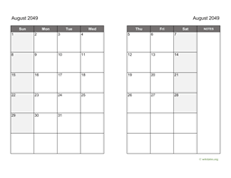 August 2049 Calendar on two pages