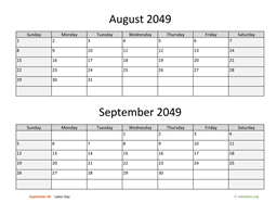 August and September 2049 Calendar