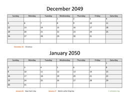 December 2049 and January 2050 Calendar