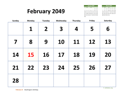 February 2049 Calendar with Extra-large Dates