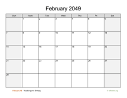 February 2049 Calendar with Weekend Shaded