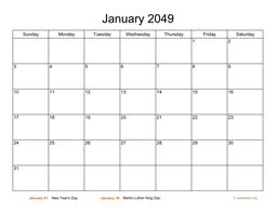 Basic Calendar for January 2049