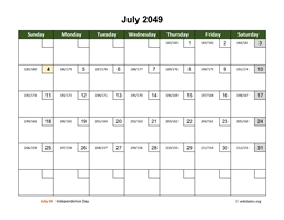 July 2049 Calendar with Day Numbers