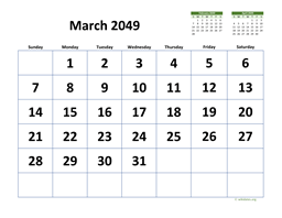 March 2049 Calendar with Extra-large Dates