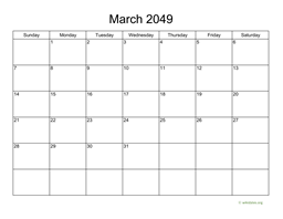 Basic Calendar for March 2049