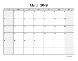 March 2049 Calendar with Weekend Shaded