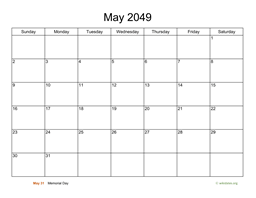 Basic Calendar for May 2049
