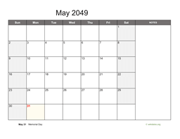 May 2049 Calendar with Notes