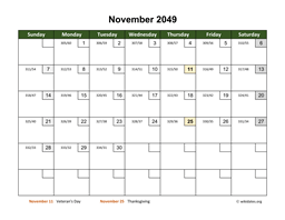 November 2049 Calendar with Day Numbers