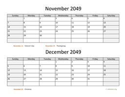 November and December 2049 Calendar