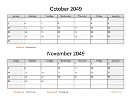 October and November 2049 Calendar