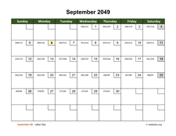 September 2049 Calendar with Day Numbers