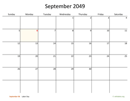 September 2049 Calendar with Bigger boxes
