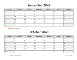 September and October 2049 Calendar