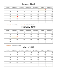 three months 2049 calendar vertical