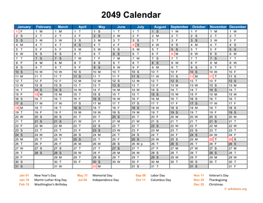 2049 Calendar Horizontal, One Page