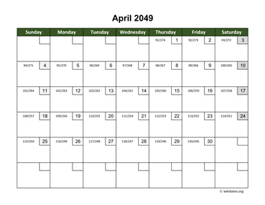 April 2049 Calendar with Day Numbers