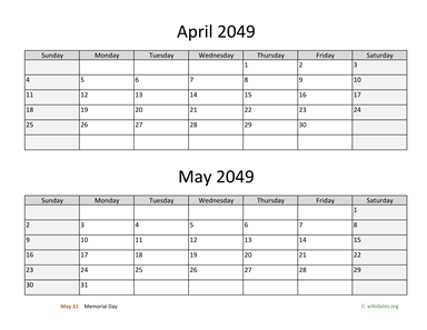 April and May 2049 Calendar Horizontal