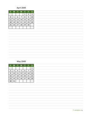 April and May 2049 Calendar with Notes