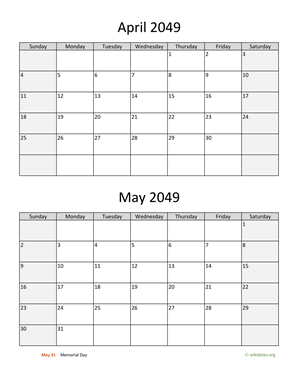 April and May 2049 Calendar Vertical