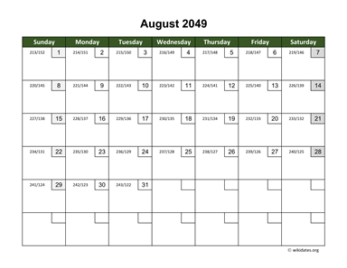 August 2049 Calendar with Day Numbers