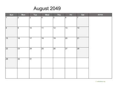 August 2049 Calendar with Notes
