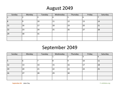 August and September 2049 Calendar Horizontal